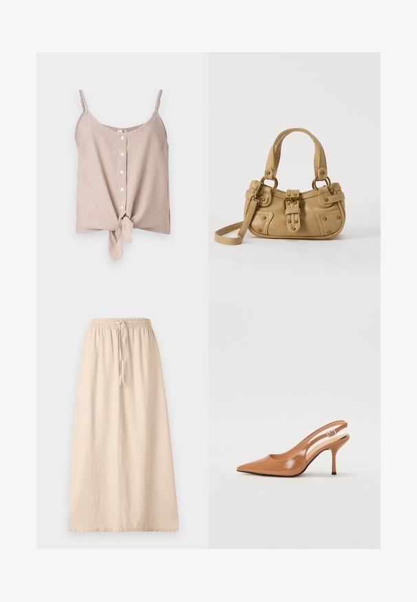 Top sin mangas a rayas en tonos crema y melocotón, con botones en la parte delantera y un detalle de nudo en el dobladillo. Tela ligera con un diseño relajado.; Falda beige hasta los tobillos, hecha de un tejido ligero, con cintura elástica y lazo ajustable. Presenta una silueta relajada y recta.; Zapato de tacón tipo slingback con punta afilada en un material suave y brillante de color marrón. Presenta un diseño con corte curvado y un tacón de aguja delgado. Detalle de hebilla plateada.; Bolso de cuero beige con doble asa, hebilla y remaches de latón, y una correa de hombro ajustable sobre un fondo blanco.
