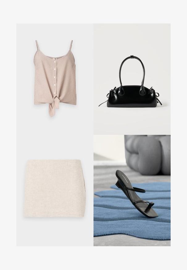 Stribet ærmeløs top i crème- og ferskentoner, med knaplukning foran og en knude detalje nederst. Letvægtsstof med en afslappet pasform.; Beige linnedyr med et minimalistisk design, der har en glat tekstur og en subtil vævning. Det har en lige, simpel skæring uden synlige lukninger.; Sort sandal med remme og tå-loop vist på et blåt tekstureret tæppe, med en stor grå dekorativ genstand sløret i baggrunden.; Lille sort blank håndtaske med to lange håndtag og snøre-detaljer i siden på en ensfarvet lys baggrund.