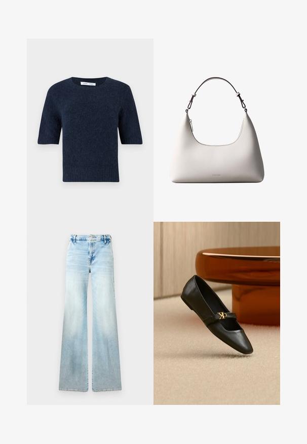 Suéter de punto fuzzy azul oscuro de manga corta con cuello redondo y dobladillo recto, presentado sobre un fondo blanco.; Jeans acampanados de color azul claro, confeccionados en denim. Presentan un lavado desvaído, bolsillos estándar y un cierre de botón en la cintura.; Zapato plano de cuero negro con puntera puntiaguda y logo dorado de CK en la correa, colocado sobre una alfombra beige cerca de una mesa redonda marrón ámbar.; Bolso de hombro de cuero color crema de Calvin Klein con borde superior curvado, cremallera plateada y correa ajustable marrón oscuro.
