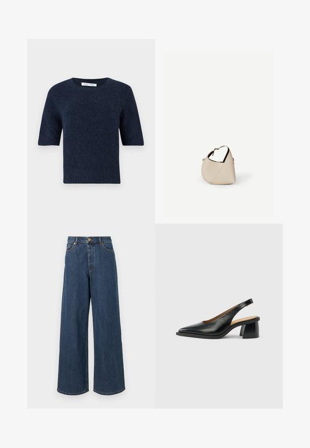 Mørkeblå fuzzy striktrøje med korte ærmer, rund halsudskæring og lige kant, præsenteret på en hvid baggrund.; Bredde denimjeans i mørkeblå med høj talje, frontlukning med knap og klassisk fem-lomme design med subtile syninger.; Sort læder slingback-sko med spids tå og en chunky, geometrisk hæl. Overfladen ser glat og poleret ud.; Beige læder håndtaske i halvmåneform med en enkelt skulderrem og minimal syning, sat mod en ensartet hvid baggrund.