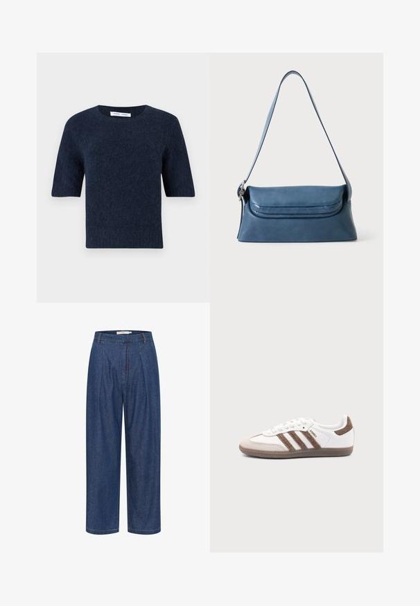 Mørkeblå fuzzy striktrøje med korte ærmer, rund halsudskæring og lige kant, præsenteret på en hvid baggrund.; Blå denimbukser med høj talje og vide ben, forrest med læg, bæltestropper og skjult lynlåslukning.; Hvid Adidas Samba sneaker med brune ruskindstriber, brun gummisål og beige ruskindståhætte, vist fra ydersiden på en ensfarvet baggrund.; Blå læder skuldertaske med lang rem og en klaplukning, vist på en ensfarvet lys baggrund.