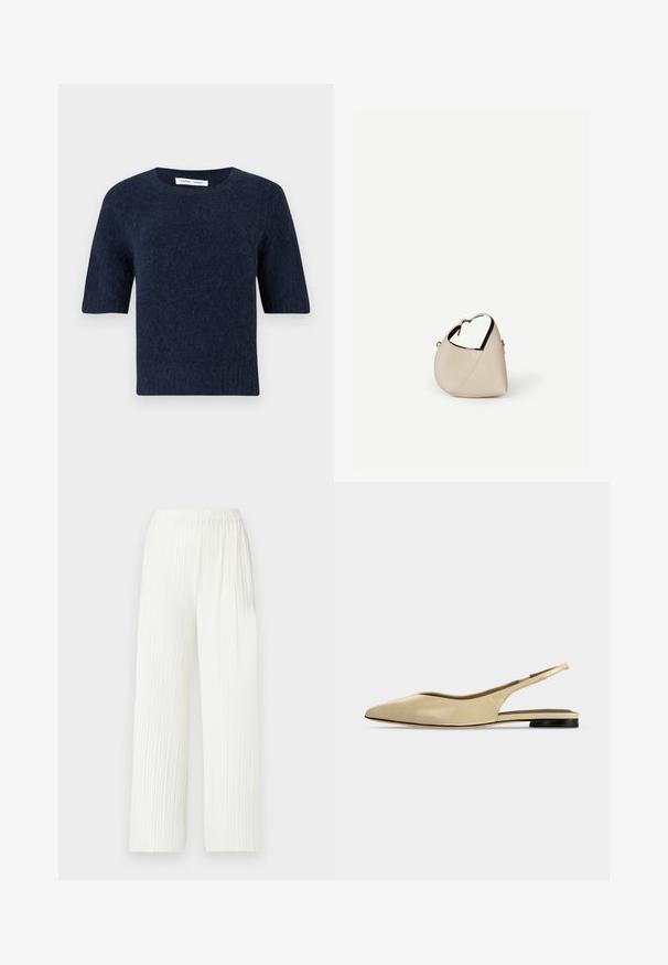 Pull court en tricot flou bleu marine à manches courtes, avec un col rond et un ourlet droit, présenté sur fond blanc.; Pantalons larges plissés blancs avec une taille élastique. Fabriqués en tissu léger, dotés de rayures verticales et d'une coupe fluide.; Chaussure plate beige à bout pointu avec bride arrière, petit talon noir et finition en cuir lisse, vue de côté sur un fond uni.; Sac à main en cuir beige en forme de croissant avec une seule bandoulière et des coutures minimalistes, posé sur un fond blanc uni.