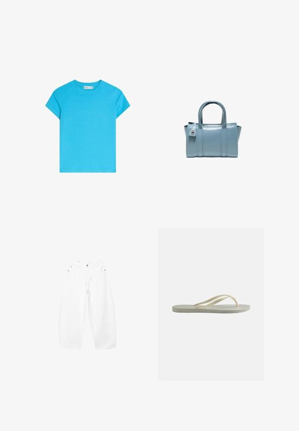 Lyseblå T-shirt med korte ærmer og rund hals, ensfarvet design, lagt fladt ud med mærket synligt inde i kraven.; Hvide, brede bomuldsjeans med knap- og lynlåslukning foran, bæltestropper og femlomme-design.; Enkelt off-white gummiflipper med tynde remme og tekstureret fodseng set fra siden på ensfarvet baggrund.; Lille lyseblå læderhåndtaske med to håndtag og en sølvfarvet låsedetalje på den ene side.