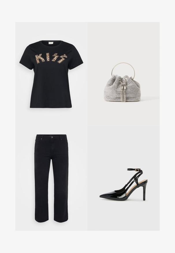 Sort bomulds t-shirt med "KISS" i dyreprint med leopardmønster, korte ærmer og rund halsudskæring.; Sorte denimjeans med lige ben-design. Funktioner inkluderer en knaplukning i taljen, bæltestropper og front-/baglommer. Glat tekstur.; Sorte laklæder højhælede slingback-sko med spids tå, justerbar ankelrem og åben sider. Glat tekstur.; Lille sølv aften taske dækket med gnistrende rhinsten med et rundt metalhåndtag og to dekorative kvaster foran.