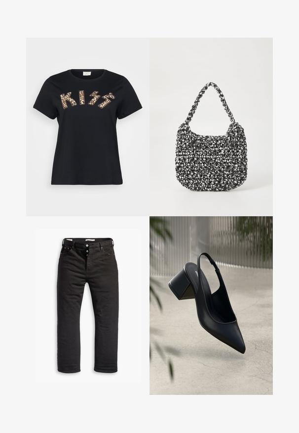 Schwarzes Baumwoll-T-Shirt mit "KISS" im Tiermotiv mit Leopardenmuster, kurzen Ärmeln und rundem Halsausschnitt.; Schwarze Denim-Jeans mit geradem Bein, ausgestattet mit einem Knopfverschluss, fünf Taschen und dezentem Stickdetail. Angenehme Textur.; Schwarze Leder-Slingback-Pumps mit spitzem Zehenbereich und Blockabsatz. Glatte Textur, minimalistisches Design und verstellbarer Knöchelriemen.; Gewebte Handtasche in Schwarz und Weiß mit runder Form, strukturiertem Oberflächenfinish und geflochtener Grifffläche. Geeignet für den lässigen Gebrauch.