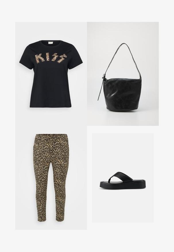 Camiseta de algodón negra con la palabra "KISS" en estampado de animal con patrón de leopardo, de manga corta y cuello redondo.; Leggings con estampado de leopardo en tono beige y negro, que presentan una cintura con cordón, ajuste ceñido y una tela suave y elástica para mayor comodidad.; Sandalia tipo chancleta negra con plataforma, correa ancha de cuero y suela acolchada, vista lateral sobre un fondo liso y claro.; Bolso de hombro negro de cuero con una textura suave, cierre de cremallera y una asa larga y redondeada. El bolso tiene una forma holgada y desestructurada.