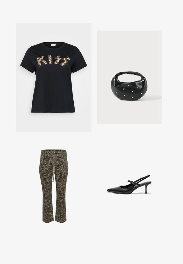 T-shirt en coton noir avec "KISS" en imprimé animal dans un motif léopard, manches courtes et col rond.; Pantalons à taille élastique avec cordon de serrage, au motif zèbre khaki et beige. Design à taille mi-haute et jambes évasées, texture douce. Conviennent pour un usage décontracté.; Talons aiguilles noires en cuir avec un bout pointu, une fine bride réglable, et un talon aiguille d'environ 5 cm, texture lisse.; Sac à main en cuir noir de forme arrondie, décoré de clous argentés et équipé d'une poignée courte. Texture lisse et fermeture éclair.