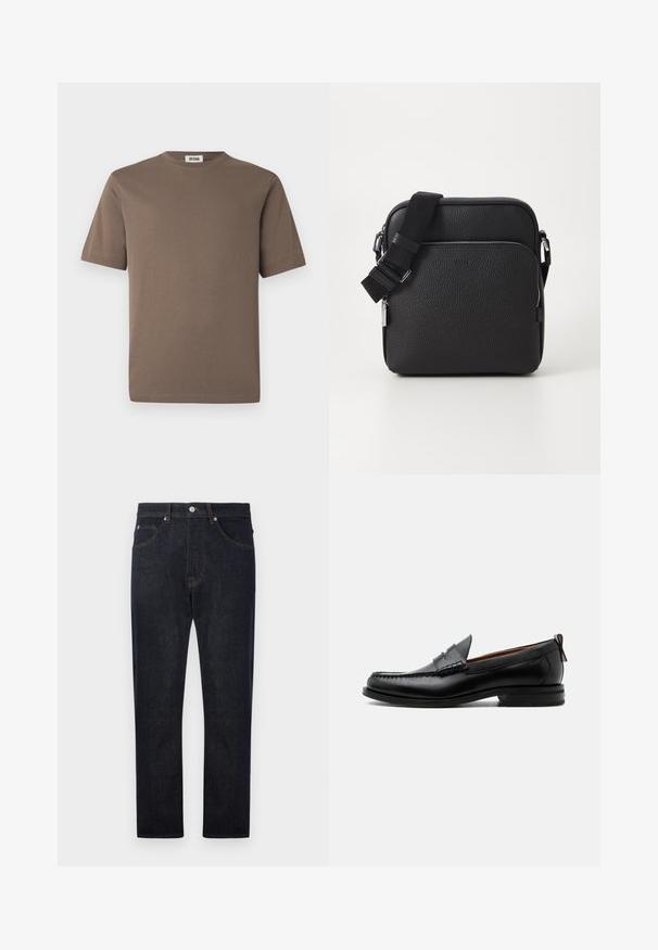 Brun bomulds t-shirt med korte ærmer, rund halsudskæring og en glat tekstur. Har en lige kant og minimalistisk design.; Mørkeblå denimjeans med lige ben-design, der har fem lommer, kontrastfarvet orange syninger og en knaplukning i taljen.; Sort læder herre loafer med moc-tå syning, penny strop, struktureret krave og lav stablet hæl på hvid baggrund.; Sorth læder crossover taske med en tekstureret overflade, der har en frontlomme med lynlås, justerbar strop og metal hardware detaljer.
