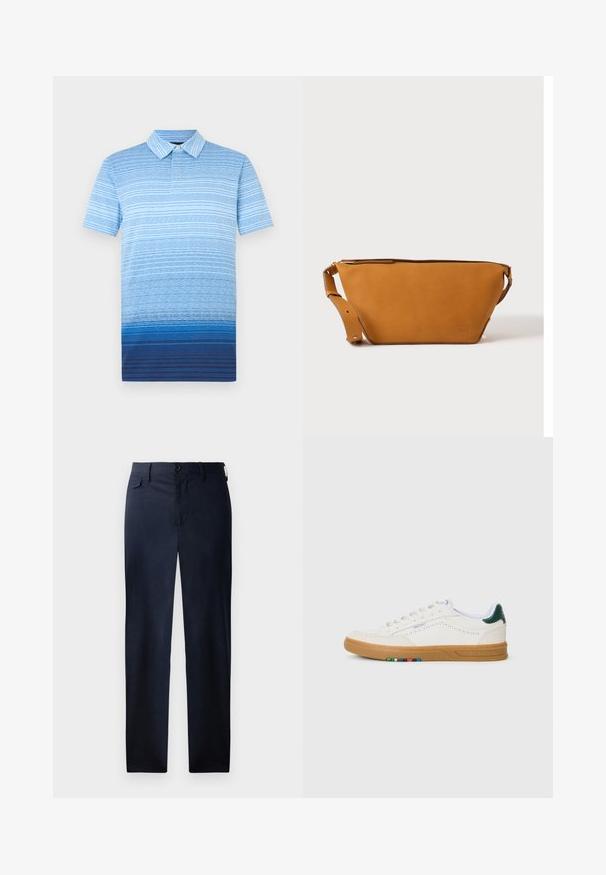 Polo bleu à manches courtes présentant un motif dégradé, passant du bleu clair au bleu foncé, avec un col et de discrètes rayures texturées.; Pantalons droits bleu marine en tissu lisse. Équipés d'une braguette zippée, d'une fermeture à bouton et d'une poche latérale discrète. Aucun motif visible.; Baskets en cuir blanc avec design perforé, semelle en caoutchouc translucide, accent de talon vert et détail à rayures colorées sur le côté.; Sac bandoulière en cuir marron clair avec sangle réglable et fermeture éclair, présenté sur un fond clair uni.