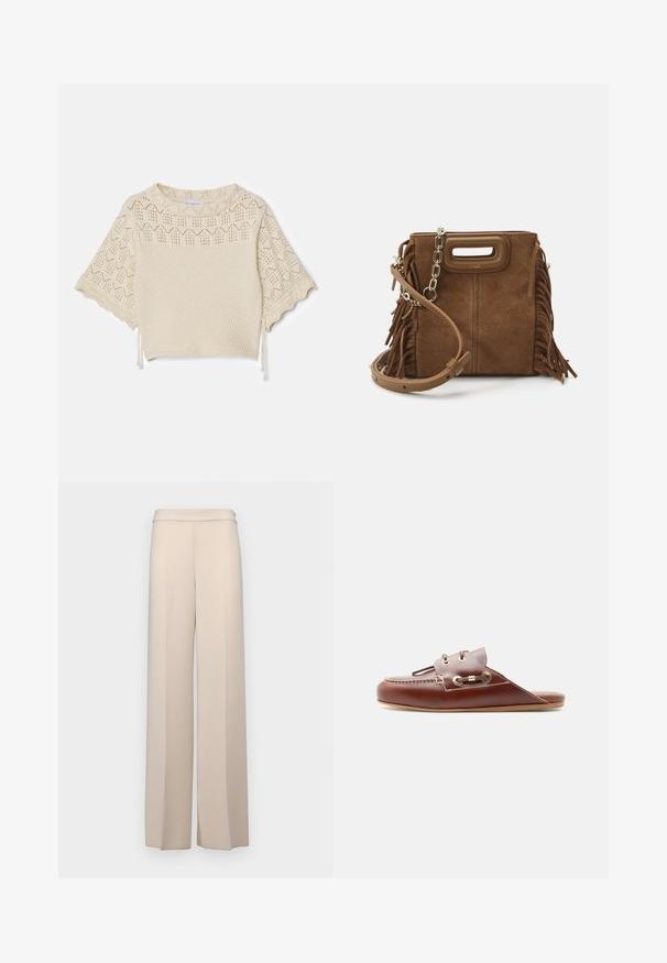 Strikket kortærmet bluse i lysebeige med en struktureret overflade, hulmønster og snoretræk detaljer ved kanten. Blødt, åndbart materiale.; Beige vidde bukser i et glat stof med høj talje og subtile frontfolder. Ingen lommer eller synlige hardware detaljer.; Brun lædersko med slip-on, moc-tå syning, guldøjelets og dekorativ snøredetalje på siden, flad sål, sideprofil.; Maje MINI - Skuldertasker - camel