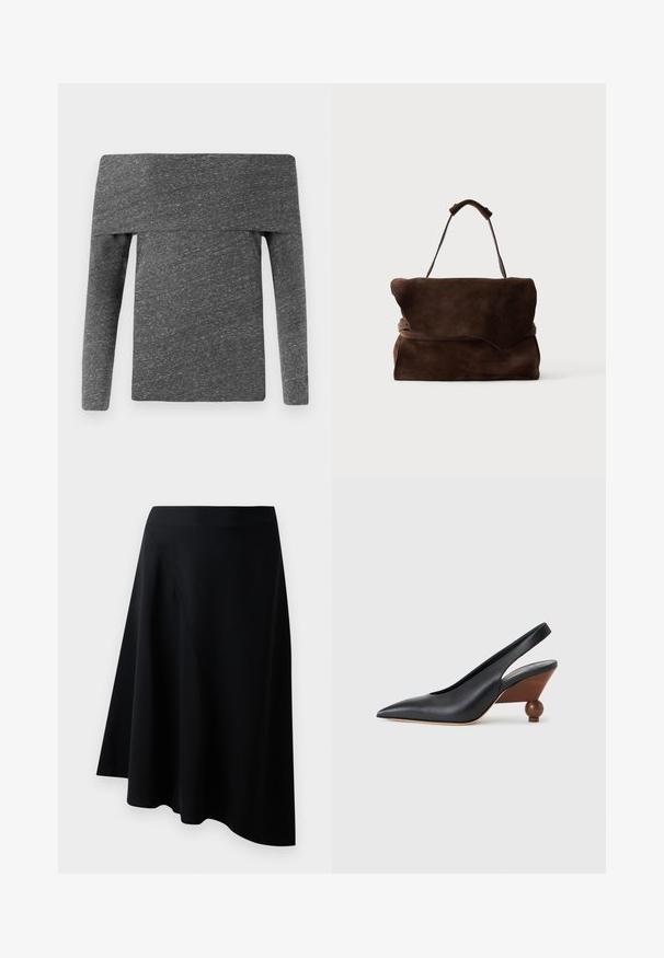 CLOSED ASYMMETRIC LONG SLEEVE - Langærmet T-shirt - dark grey; Sort A-linje nederdel lavet af glat materiale, med diagonale sømdetaljer og et flydende design, der hænger let ved sømmen.; Sort slingback-sko med spids tå, træblokhæl med rund form og glat læderoverdel på en lysegrå baggrund.; Mørkebrunt ruskindstaske med en asymmetrisk klap og et enkelt top-håndtag på en ensfarvet baggrund.