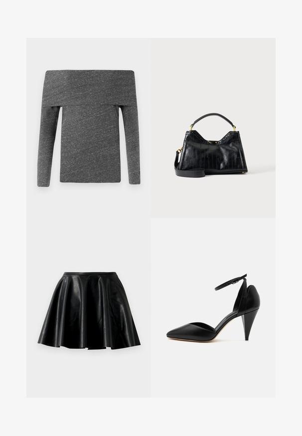 CLOSED ASYMMETRIC LONG SLEEVE - Langærmet T-shirt - dark grey; Sort læder nederdel i flare-stil med en glat tekstur, bred kant og en tætsiddende talje. Overfladen har en subtil glans og ingen synlige dekorationer.; Sort læder højhælet sko med spids tå, ankelrem og kegleformet hæl på hvid baggrund.; Sort læder håndtaske med teksturerede lodrette linjer, kort håndtag, aftagelig lang rem og guldfarvede hardware-accenter på ensfarvet baggrund.