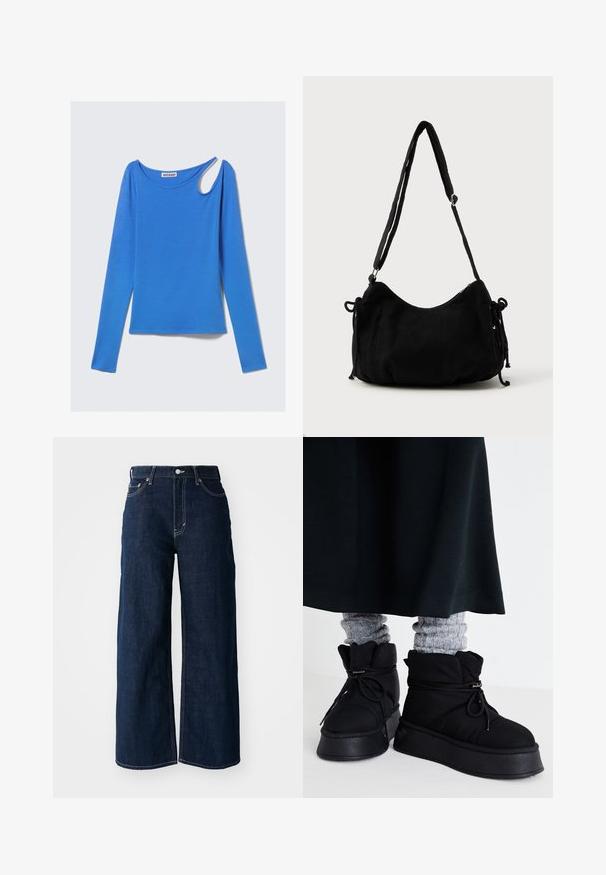 Langärmeliges blaues Oberteil aus weichem Stoff, mit einem einzigartigen Schulterausschnitt und einem runden Halsausschnitt. Sauberes Design, minimalistischem Stil.; Weit geschnittene, dunkelblaue Jeans mit kontrastierenden Nähten, fünf Taschen und einem Knopfverschluss an der Taille.; Schwarze, gepolsterte Knöchelstiefel mit flachen Sohlen, Schnürsenkeln und auffälligen Nähten. Kombiniert mit grauen, gerippten Socken, die hervorlugen, und getragen zu einem dunklen Rock.; Schwarze Cordtasche mit geschwungener Form, verstellbarem Schultergurt und Kordelzugverschlüssen an beiden Seiten zur Größenanpassung.