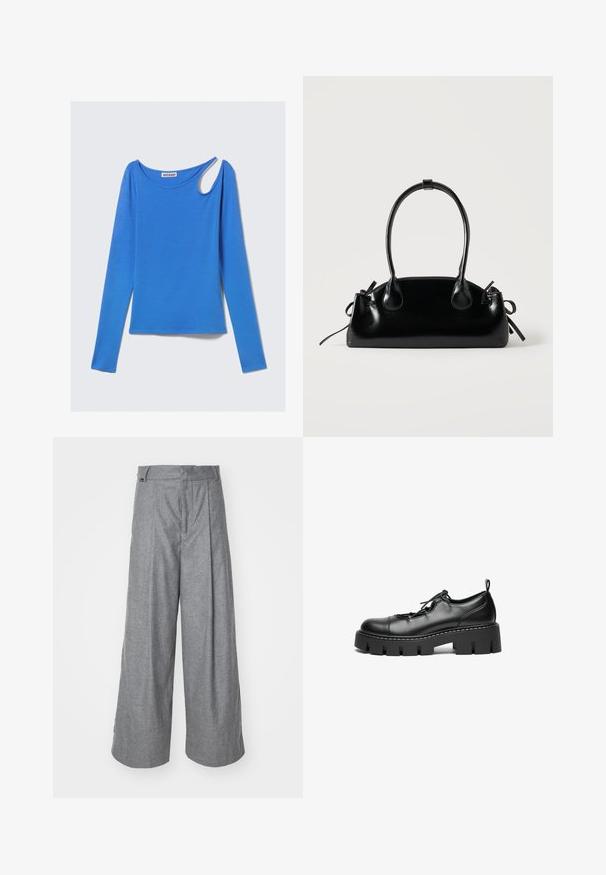 Top azul de manga larga en tela suave, con un corte único en el hombro y escote redondo. Diseño limpio, estilo minimalista.; Pantalones de pierna ancha grises, confeccionados en una tela suave, con una cintura alta, pliegues frontales y una etiqueta de logo sutil en la cinturilla.; Zapatos de cuero negro con cordones, punta redonda, suela de plataforma gruesa y detalle de costura decorativa a lo largo del borde.; Pequeño bolso negro brillante con dos asas largas y detalles de cordón lateral sobre un fondo claro liso.