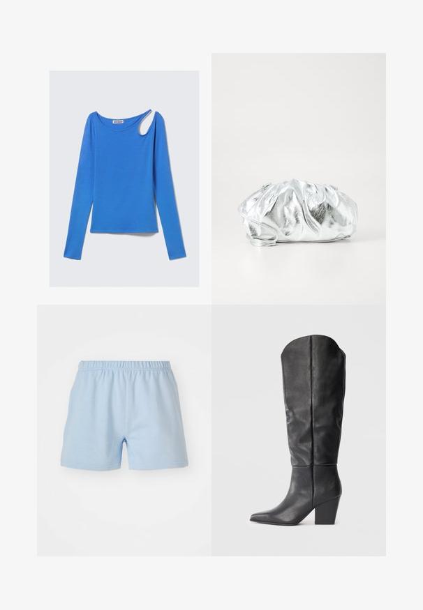 Langärmeliges blaues Oberteil aus weichem Stoff, mit einem einzigartigen Schulterausschnitt und einem runden Halsausschnitt. Sauberes Design, minimalistischem Stil.; Helle blaue Baumwollshorts mit einem elastischen Bund. Sie haben eine einfache, glatte Textur und enden auf Oberschenkelhöhe. Keine Taschen.; Schwarze kniehohe Stiefel aus Leder mit spitzem Zeh und blockigem Absatz. Das Design zeichnet sich durch eine glatte Textur und minimalistische Linien aus.; Metallisch silberne Clutch-Tasche mit einem weichen, gerafften Körper und einem dünnen Schultergurt. Sie verfügt über eine glatte, glänzende Textur und eine abgerundete Form.