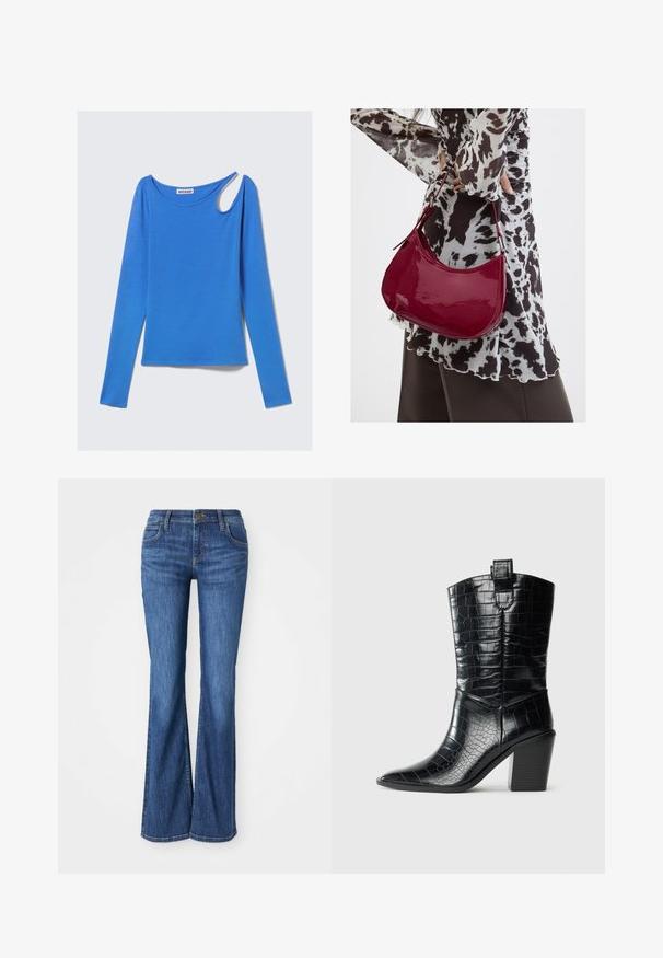 Langärmeliges blaues Oberteil aus weichem Stoff, mit einem einzigartigen Schulterausschnitt und einem runden Halsausschnitt. Sauberes Design, minimalistischem Stil.; Blaue Denim-Bootcut-Jeans mit Fronttaschen, Knopfverschluss und Gürtelschlaufen, auf einem weißen Hintergrund präsentiert.; Schwarzer western Stiefel bis zur Mitte der Wade mit spitzer Zehe, Blockabsatz und glänzendem, krokodilgeprägtem Leder in Kontrast zu einem weißen Hintergrund.; Frau trägt eine schwarz-weiß gemusterte Bluse und hält eine glänzende rote Schultertasche vor einem einfarbigen Hintergrund.