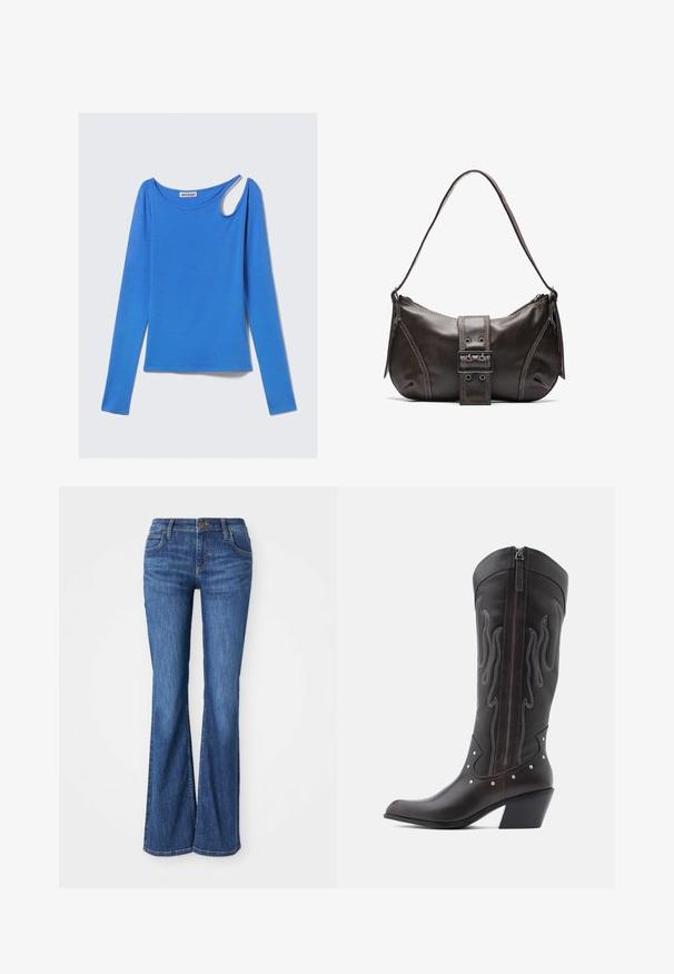Langärmeliges blaues Oberteil aus weichem Stoff, mit einem einzigartigen Schulterausschnitt und einem runden Halsausschnitt. Sauberes Design, minimalistischem Stil.; Blaue Denim-Bootcut-Jeans mit Fronttaschen, Knopfverschluss und Gürtelschlaufen, auf einem weißen Hintergrund präsentiert.; Braune Cowboy-Stiefel aus Leder mit Flammenstickerei, seitlichem Reißverschluss, silbernen Nieten, spitzer Zehenpartie und geschichtetem Absatz.; Braune Lederumhängetasche mit gebogener Form, die mit einem auffälligen Schnallendetail, kontrastierenden Nähten und einem einzigen Schulterriemen ausgestattet ist.