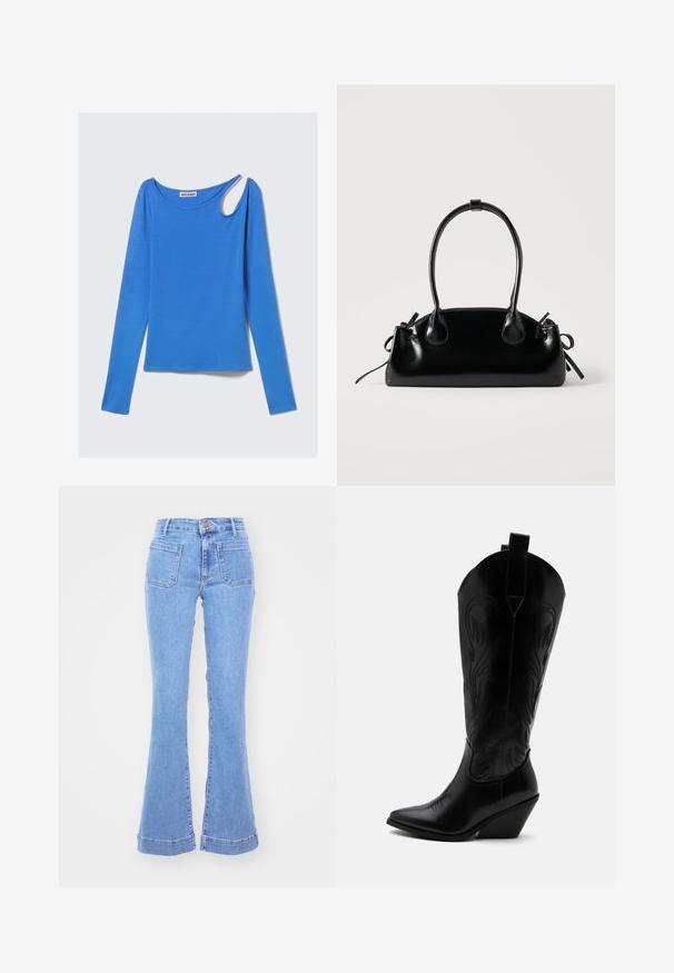 Langärmeliges blaues Oberteil aus weichem Stoff, mit einem einzigartigen Schulterausschnitt und einem runden Halsausschnitt. Sauberes Design, minimalistischem Stil.; Hellblaue Jeans mit hoher Taille, aufgesetzten Fronttaschen und ausgestellten Beinen vor weißem Hintergrund.; Schwarzer Leder-Cowboystiefel mit spitzer Zehe, schrägem Blockabsatz, dekorativer Naht und Zuglaschen oben vor weißem Hintergrund.; Kleine schwarze glänzende Handtasche mit zwei langen Griffen und seitlichen Kordelzug-Details vor einfachem hellem Hintergrund.