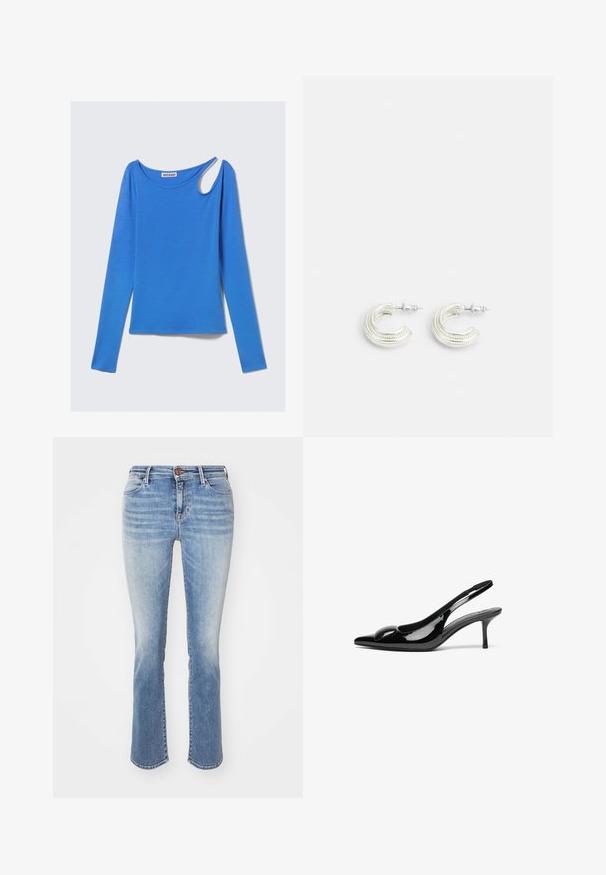 Top azul de manga larga en tela suave, con un corte único en el hombro y escote redondo. Diseño limpio, estilo minimalista.; Jeans de denim azul con un corte slim bootcut. Lavado desgastado, cinco bolsillos y un botón de cobre en la cinturilla. Dobladillo recto.; Tacones slingback de charol negro con punta afilada y acabado brillante. Presentan un tacón delgado y un acento redondeado en el empeine.; Pendientes en tono plateado con un diseño de aro retorcido, que presentan una superficie texturizada y detalles acanalados, asegurados con un cierre de pua.