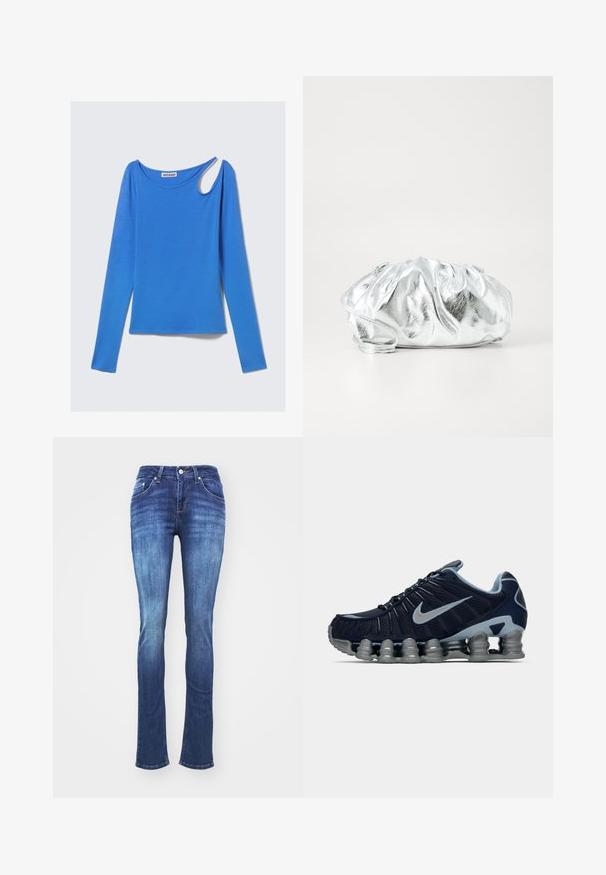 Langærmet blå top i blødt stof med unikt skulderudskæring og rund halsudskæring. Rent design, minimalistisk stil.; Mørkeblå denimjeans med et falmet design, lige ben, fem lommer og lynlås. Syede detaljer langs sømmene og lommerne.; Mørkeblå og sølv atletiske sko med segmenteret polstret sål og sølv Nike swoosh på siden, vist i højre profil på hvid baggrund.; Metallisk sølv clutch taske med en blød, samlet krop og en tynd skulderrem. Har en glat, skinnende overflade og rund form.