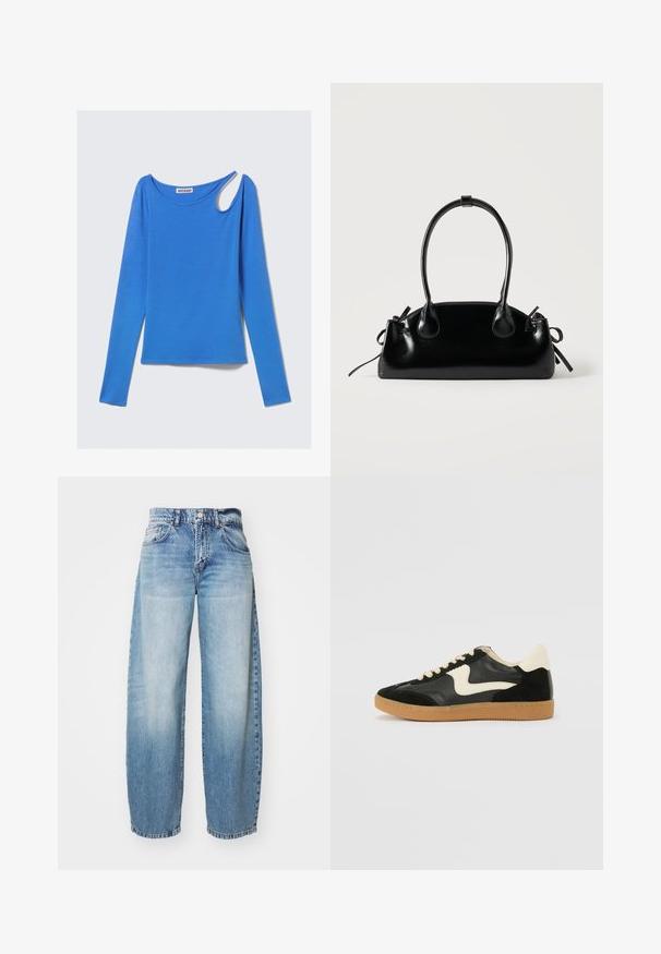 Top azul de manga larga en tela suave, con un corte único en el hombro y escote redondo. Diseño limpio, estilo minimalista.; Jeans de pierna ancha en color azul claro con un acabado desgastado, cinco bolsillos y cierre de botón. La tela es denim, con costuras clásicas y un corte relajado.; Zapatillas de deporte de ante y cuero negro con un swoosh lateral en crema y un talón en crema claro. Presenta cordones beige y una suela de goma marrón.; Pequeño bolso negro brillante con dos asas largas y detalles de cordón lateral sobre un fondo claro liso.