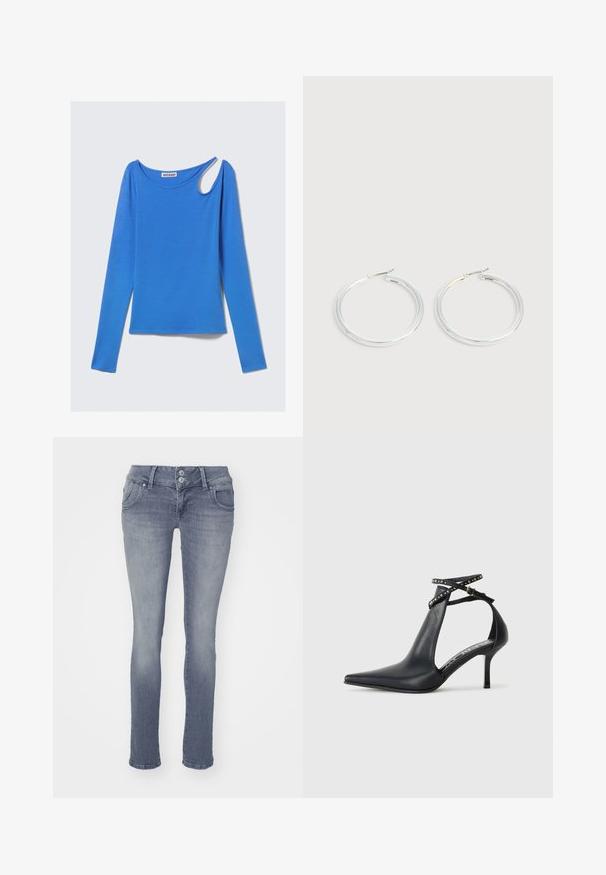 Langärmeliges blaues Oberteil aus weichem Stoff, mit einem einzigartigen Schulterausschnitt und einem runden Halsausschnitt. Sauberes Design, minimalistischem Stil.; Schlanke Jeans aus hellblauem Denim mit einem klassischen Fünf-Taschen-Design, Zwei-Knopf-Verschluss und dezenten Verfärbungen auf der Vorderseite.; Replay VERONIQUE D'ORSAY - Pumps - black; Paar glänzende silberne Creolen mit dünnen Drahtverschlüssen, dargestellt vor einem hellgrauen Hintergrund.