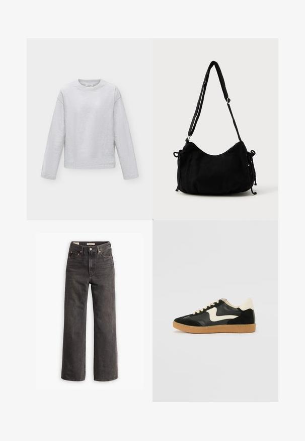 Lysegrå langærmet sweatshirt med rund hals, afslappet pasform og simpelt, ubrandet design på hvid baggrund.; Højtaljede, vide jeans i mørkegrå denim, med forlommer, kontrastfarvede kobbernitter og en ren finish uden pynt.; Sorte ruskinds- og lædersneakers med en cremefarvet side-swoosh og lys cremefarvet hæl. Har beige snørebånd og en gummirubber-sål.; Sort kordfløjls skuldertaske med en buet form, justerbar strop og snorelukninger på begge sider til størrelsejustering.