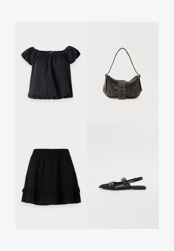 Zwarte off-the-shoulder blouse van zachte stof, met pofmouwen, een geraffineerde halslijn en een losse pasvorm met een elastische zoom.; Zwarte katoenen rok met een gelaagde ruffles ontwerp, met een elastische tailleband en versieringen van contrasterende stiksels en kantbanden.; Even&Odd by Zalando Slingback ballerina´s - black; Zwarte leren schoudertas met gespsluiting aan de riem, afgeronde hoeken en contrasterende witte stiksels op een effen achtergrond.