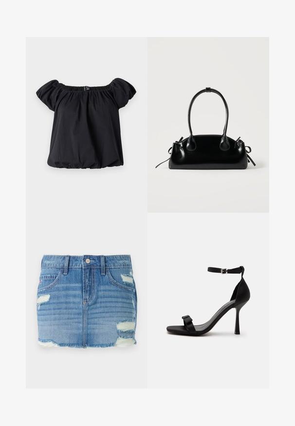 Zwarte off-the-shoulder blouse van zachte stof, met pofmouwen, een geraffineerde halslijn en een losse pasvorm met een elastische zoom.; Denim mini-jurk in lichtblauw met een versleten afwerking. Kenmerkt zich door een rafelige zoom, vervaagde delen en verschillende scheuren. Voorzijde met knoopsluiting en zakken.; Zwarte sandaal met hoge hak, een enkelriem, een zilveren gesp en een voorriem met een klein strikdetail.; Kleine zwarte glanzende handtas met twee lange hengsels en zijkant trekkoord details op een effen lichte achtergrond.