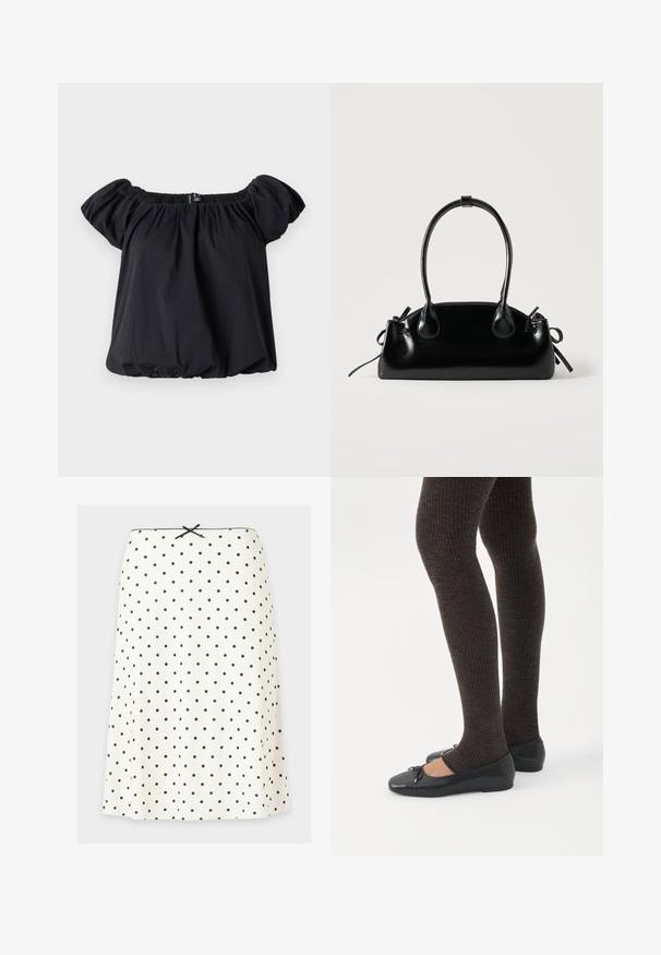 Blouse noire à épaules dénudées en tissu doux, avec des manches bouffantes, un col froncé et une coupe ample avec un ourlet élastique.; Jupe blanche trapèze à pois noirs, un petit nœud noir à la taille, et un bord festonné le long du bord supérieur.; Jambes portant des leggings côtelés foncés associés à des ballerines noires avec de petits détails en nœud sur fond blanc.; Petit sac à main noir brillant avec deux longues anses et des détails à cordon sur les côtés sur un fond clair uni.