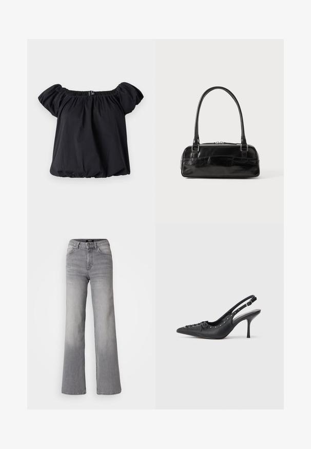 Zwarte off-the-shoulder blouse van zachte stof, met pofmouwen, een geraffineerde halslijn en een losse pasvorm met een elastische zoom.; Grijs denim jeans met hoge taille en rechte pijpen, voorzien van een knoop en ritssluiting aan de voorkant, voor- en achterzakken, en een vervaagde schaduw op de dijen en kuiten.; Zwarte leren slingback stiletto met spitse neus, zijgesp met gesp, studs langs de rand en decoratieve veters aan de voorkant.; Zwarte leren handtas met een rechthoekige vorm, voorzien van een enkele gestructureerde handgreep, zilveren hardware en ritsluiting. Gladde textuur.