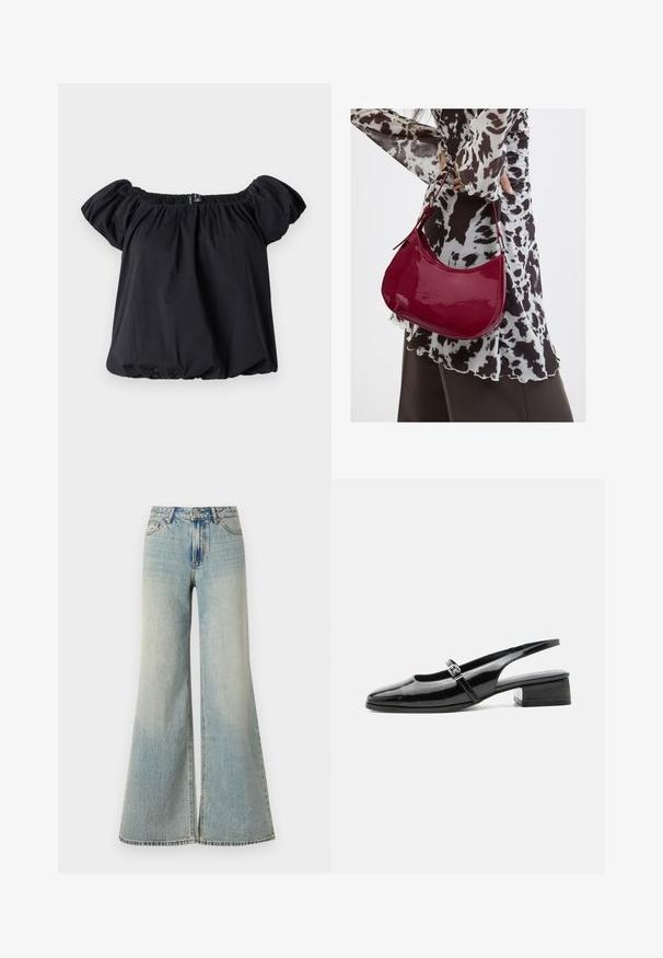 Zwarte off-the-shoulder blouse van zachte stof, met pofmouwen, een geraffineerde halslijn en een losse pasvorm met een elastische zoom.; Lichtblauwe wijde jeans met een hoge taille, featuring een vervaagde afwerking, zijzakken en een subtiele split aan de onderkant van de poten.; Zwarte lakleren slingback schoen met een lage blokhak en een dunne band met zilveren gesp bovenop.; Vrouw met een zwart-wit gebloemde blouse houdt een glanzende rode schoudertas vast tegen een effen achtergrond.