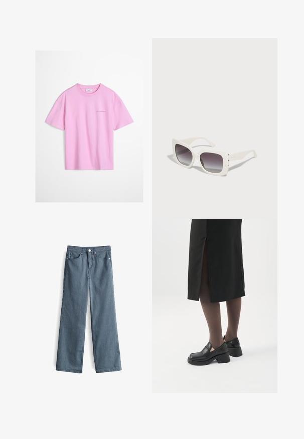 Rosa T-Shirt mit kurzen Ärmeln und Rundhalsausschnitt, kleine kursiv geschriebene Schrift auf der oberen linken Brust und gerippter Kragen.; Helle blaue und weiße gestreifte weite Hosen mit hoher Taille, ausgestattet mit fünf Taschen und einem knöpfbaren Bund.; Frau trägt schwarze Loafers mit klobigem Absatz, schwarze transparente Strumpfhosen und einen schwarzen Rock mit Schlitz hinten vor weißem Hintergrund.; Weiße, übergroße Sonnenbrille mit quadratischem Rahmen und Verlaufsgläsern. Verfügt über strukturierte seitliche Akzente und eine glatte, glänzende Oberfläche.