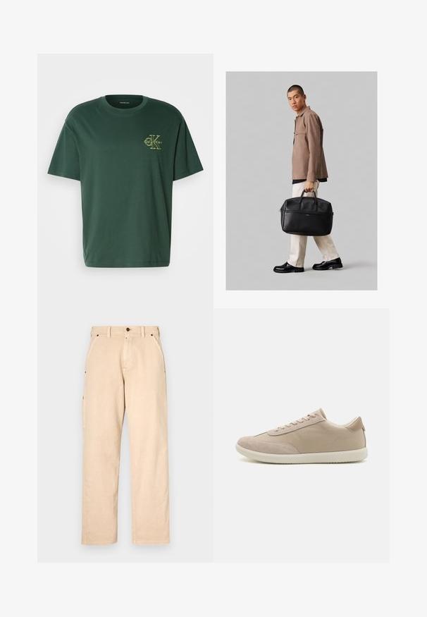 Mørkegrøn kortærmet t-shirt lavet af bomuld, med et gult logo på venstre brystområde og en klassisk rund halsudskæring.; Beige bomuldsbukser med lige ben, der har sidelommer, bæltestropper og knaplukning foran. Glat tekstur, minimalistisk design.; Beige sneakers lavet af en blanding af ruskind og lærred, med snørebånd, rund tå, textureret sål og et subtilt brandlogo på siden.; Sort læder duffelbag med dobbelthænder og lynlåslukning, vist af en person iført en beige jakke og off-white bukser.