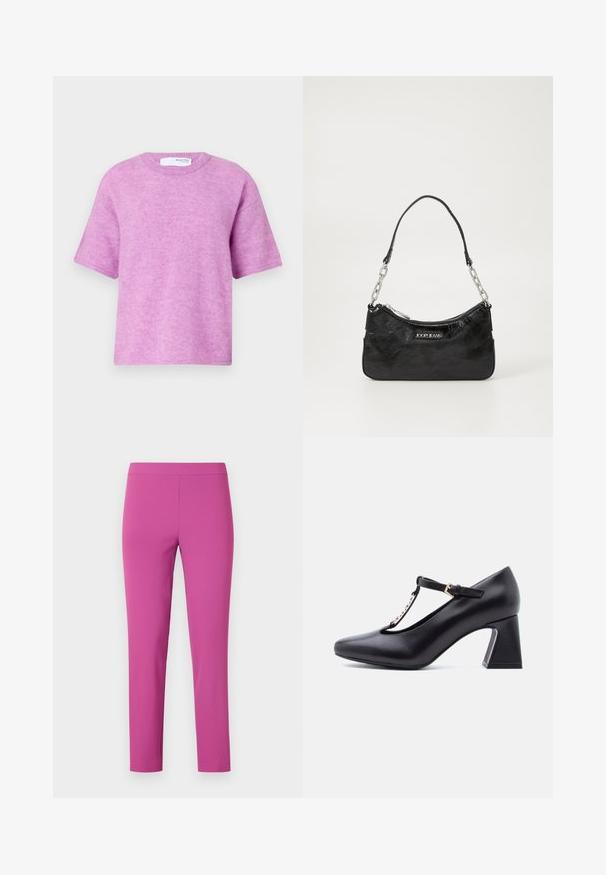 Lyserød kortærmet sweater med rund halsudskæring. Blød tekstur, afslappet pasform og minimale syninger. Mærket er synligt på bagsiden.; Fittede, højtaljede bukser i livlig pink, lavet af glat, strækbart stof. Ankel-længde snit uden synlige lommer eller lukninger.; Sort læder T-rem pumpet sko med firkantet tå, guld spænde og blokhæl, vist i sideprofil på hvid baggrund.; Sort lakeret skuldertaske med sølvfarvede kædetræk og lynlås, med en "JOOP! JEANS" logo på forsiden.