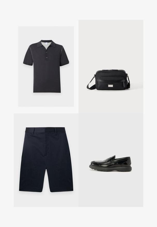 Polo noir à manches courtes avec deux boutons sur le devant, col classique et coutures blanches discrètes le long des coutures d'épaule.; Shorts bleu marine sur mesure, longueur genou, avec passants de ceinture et fermeture à glissière avant cachée, présentés à plat sur un fond blanc.; Mocassin en cuir noir avec une finition brillante, bout arrondi, détails de couture subtils et semelle en caoutchouc épaisse pour la durabilité.; Sac bandoulière rectangulaire noir avec poche avant zippée, sangle réglable et plaque logo rectangulaire argentée sur fond uni.