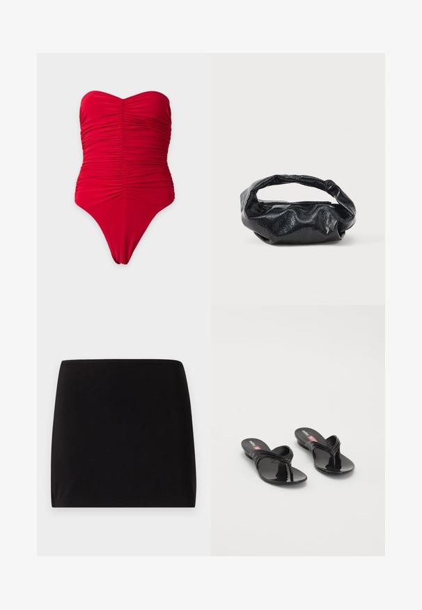 Rood strapless badpak met geplooide stofdetails in het midden en aan de zijkanten, plat neergelegd op een lichte achtergrond.; Zwarte, eenvoudige mini-rok met rechte snit zonder zichtbare patronen, naden of versieringen tegen een neutrale achtergrond.; Melissa QUANTUM THONG X DIESEL - Teensandalen - black; Zwarte tas van glanzend, textuur materiaal met een ronde, gedraaide handgreep en een ritsluiting. Heeft een zacht, gekreukt ontwerp.