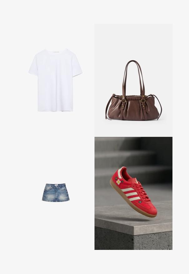 Simpel hvid kortærmet t-shirt med rund hals og lige kant, præsenteret på en hvid baggrund.; Denim mini nederdel i lyseblå vask, med en tætsiddende talje, forlommer og en svungen kant med let falming og færdige kanter.; Rød sportssko med hvide striber, blomsterbroderi og gummisål. Glat stof med ruskindsdetaljer. Model: Samba.; Brun læderhåndtaske med to lange håndtag, samlet design, aksenter i guldtonet metal og en tekstureret overflade.