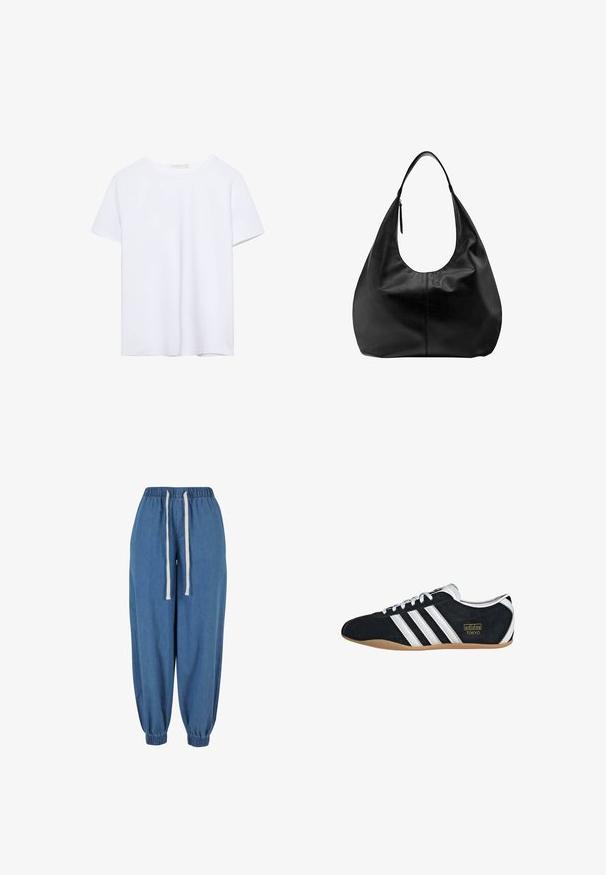 Puur witte t-shirt met korte mouwen en ronde halslijn, met een rechte zoom, weergegeven op een witte achtergrond.; Blauwe denim joggerbroek met elastische tailleband en boorden, met witte aantrekkoorden in de taille.; Zwarte suède sneaker met witte drie strepen, gouden logo en een bruine rubberen zool. Heeft een laag profiel vetersluiting ontwerp.; Zwarte leren slouchy hobo-handtas met een enkele brede band en een rits-trekker detail op een effen witte achtergrond.