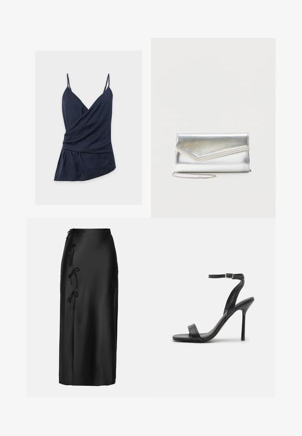 Haut portefeuille sans manches bleu marine avec fines bretelles spaghetti, encolure en V, tissu drapé et ourlet asymétrique sur fond blanc uni.; Anna Field MIDI SKIRT - Jupe crayon - black; Sandale à talons hauts noire avec une fine sangle au niveau de la cheville et deux bandes à l'avant. Fabriquée en cuir lisse avec un bout pointu élégant et un talon aiguille.; Pochette argentée brillante avec rabat style enveloppe et garniture décorative, petite bandoulière chaîne argentée, sur fond clair uni.