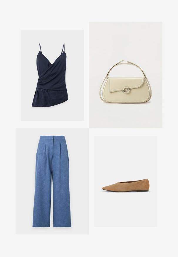 Haut portefeuille sans manches bleu marine avec fines bretelles spaghetti, encolure en V, tissu drapé et ourlet asymétrique sur fond blanc uni.; Pantalon large taille haute bleu clair avec plis devant et fermeture de ceinture dissimulée.; Ballerines en suède beige avec un bout pointu, un talon bas et une texture lisse. Design simple sans motifs visibles ni détails matériels.; Sac à main en cuir crème avec rabat incurvé, fermoir circulaire en argent et poignée courte sur le dessus, sur fond blanc uni.