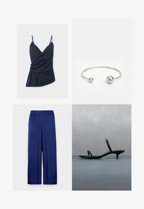 Navyblaues ärmelloses Wickel-Top mit dünnen Spaghettiträgern, V-Ausschnitt, drapiertem Stoff und asymmetrischem Saum auf schlichtem weißen Hintergrund.; Marineblaue weite Hose mit elastischem Bund, aus glattem Stoff gefertigt, mit einem schlichten und funktionalen Design ohne sichtbare Muster.; Schwarze Calvin Klein Sandalette mit dünnen Riemen und Absatz, balanciert auf Holzfliesen im Freien neben einer Wand und Grünpflanzen.; Silberner Metallarmreif mit zwei kugelförmigen Akzenten an jedem Ende, glatte Oberfläche, offenes Design und schlanker, minimalistischer Form.