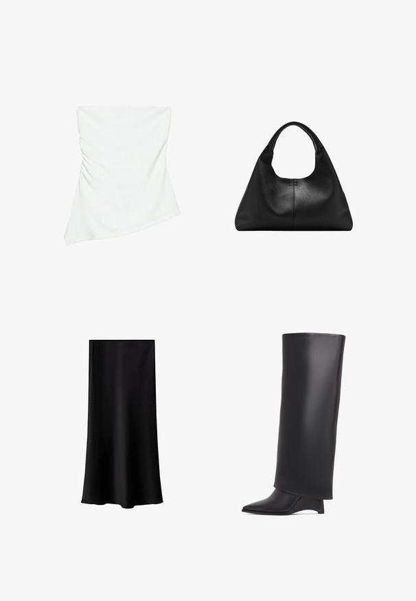 Hvid stropløs asymmetrisk top med let rynkedetalje på den ene side, figursyet stil, ren og minimalistisk design.; Sort midi-nederdel lavet af glat, letvægtsstof. Den har en lige skæring, ingen synlig hardware og et enkelt design uden mønstre.; Sort knælang støvle lavet af glat læder, med spids tå og trekantet hæl. Designet med en strømlinet, glat overdel.; Sort textured læderhåndtaske med bred bund og tykke, afrundede håndtag, der har en central lodret søm og subtil syningsdetalje.