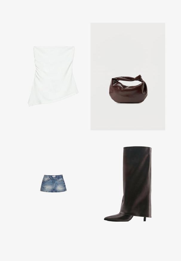 Hvid stropløs asymmetrisk top med let rynkedetalje på den ene side, figursyet stil, ren og minimalistisk design.; Denim mini nederdel i lyseblå vask, med en tætsiddende talje, forlommer og en svungen kant med let falming og færdige kanter.; Høj sort læderstøvle med spids tå og slank mellemhøj hæl på hvid baggrund.; Mørkebrun læder skuldertaske med en blød, afslappet form og et snoet knudehåndtag på en ensartet hvid baggrund.