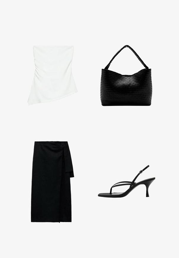 Hvid stropløs asymmetrisk top med let rynkedetalje på den ene side, figursyet stil, ren og minimalistisk design.; Sort omslagsnederdel lavet af tekstureret stof med knyttet talje, lige silhuet og en let frynset kant. Ingen synlige mønstre eller accenter.; Sort højhælet sandal med tynde stropper, ankelstroppen med spænde og en midthøj konisk hæl.; Sort vævet håndtaske med et enkelt flettet håndtag, rektangulær form og glansfuld tekstureret overflade.