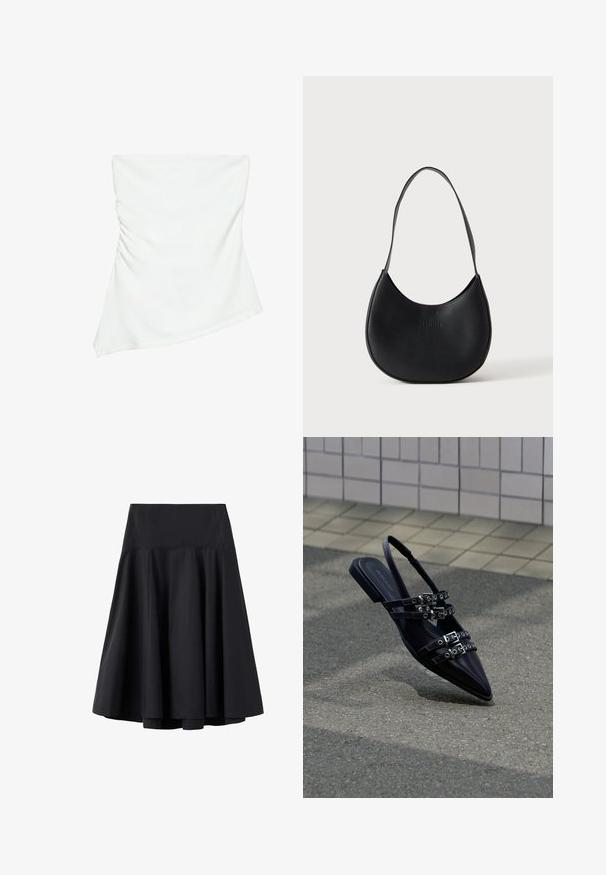 Haut blanc asymétrique sans bretelles avec un léger détail froncé sur un côté, style ajusté, design épuré et minimaliste.; Jupe noire taille haute en ligne A avec une large ceinture et un ourlet évasé, fabriquée en tissu lisse, présentée sur fond blanc.; Sandale plate noire à bout pointu avec plusieurs sangles à boucle et un talon arrière, positionnée au-dessus d'une surface pavée et d'un mur carrelé en arrière-plan.; Sac à épaule en cuir noir en forme de croissant avec une bandoulière unique et un nom de marque discrètement embossé sur un fond clair uni.