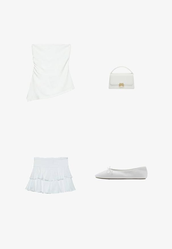 Hvid stropløs asymmetrisk top med let rynkedetalje på den ene side, figursyet stil, ren og minimalistisk design.; Hvid lagdelt nederdel lavet af blødt, letvægtsstof. Har en smocket talje og flydende volanger, der skaber volume og bevægelse.; Hvid balletflat med spids tå, en lille sløjfe på toppen og en lav, flad sål.; Hvid læderhåndtaske med en struktureret design, der har et håndtag på toppen og en guldfarvet spænde. Glat tekstur og minimalistische detaljer.