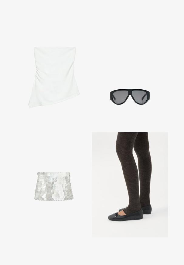 Haut blanc asymétrique sans bretelles avec un léger détail froncé sur un côté, style ajusté, design épuré et minimaliste.; Pochette blanche couverte de grands sequins brillants et superposés, forme rectangulaire avec un bord supérieur légèrement courbé.; Jambes portant des leggings côtelés foncés associés à des ballerines noires avec de petits détails en nœud sur fond blanc.; Lunettes de soleil aviateur noires oversize avec des verres teintés foncés, affichées sur fond blanc.