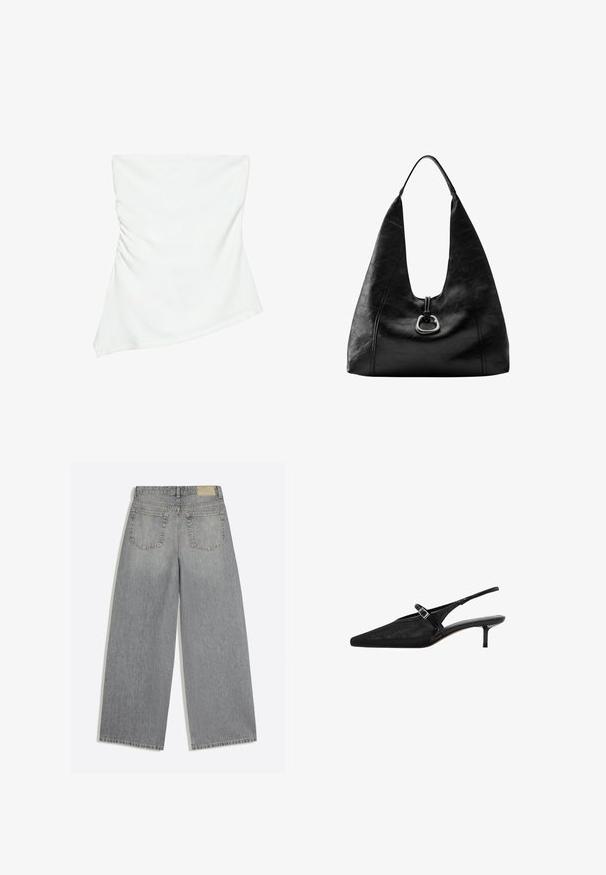 Witte asymmetrische top zonder bandjes met lichte plooidetails aan één kant, aangesloten stijl, strak en minimalistisch ontwerp.; Grijze wijde denim jeans met achterkant met twee zakken en riemlussen plat op een witte achtergrond gelegd.; Zwarte slingback hakken met puntige neuzen, een gestructureerde mesh bovenkant, slanke verstelbare band met zilveren gesp en 5 cm stiletto hakken.; Zwarte leren schoudertas met een zachte, nonchalante vorm en een enkele band, met een zilveren metalen ringdetail aan de voorkant.