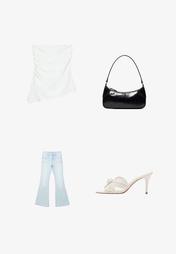Haut blanc asymétrique sans bretelles avec un léger détail froncé sur un côté, style ajusté, design épuré et minimaliste.; Jean en denim bleu clair à taille haute, fermeture à double bouton, poches avant et jambes évasées larges.; Mule blanche à talon haut avec ouverture à l'avant, détail décoratif en forme de fleur nouée sur la bride, et talon fin de hauteur moyenne.; Sac à épaule en cuir noir brillant avec un seul compartiment zippé et une fine bandoulière arquée.